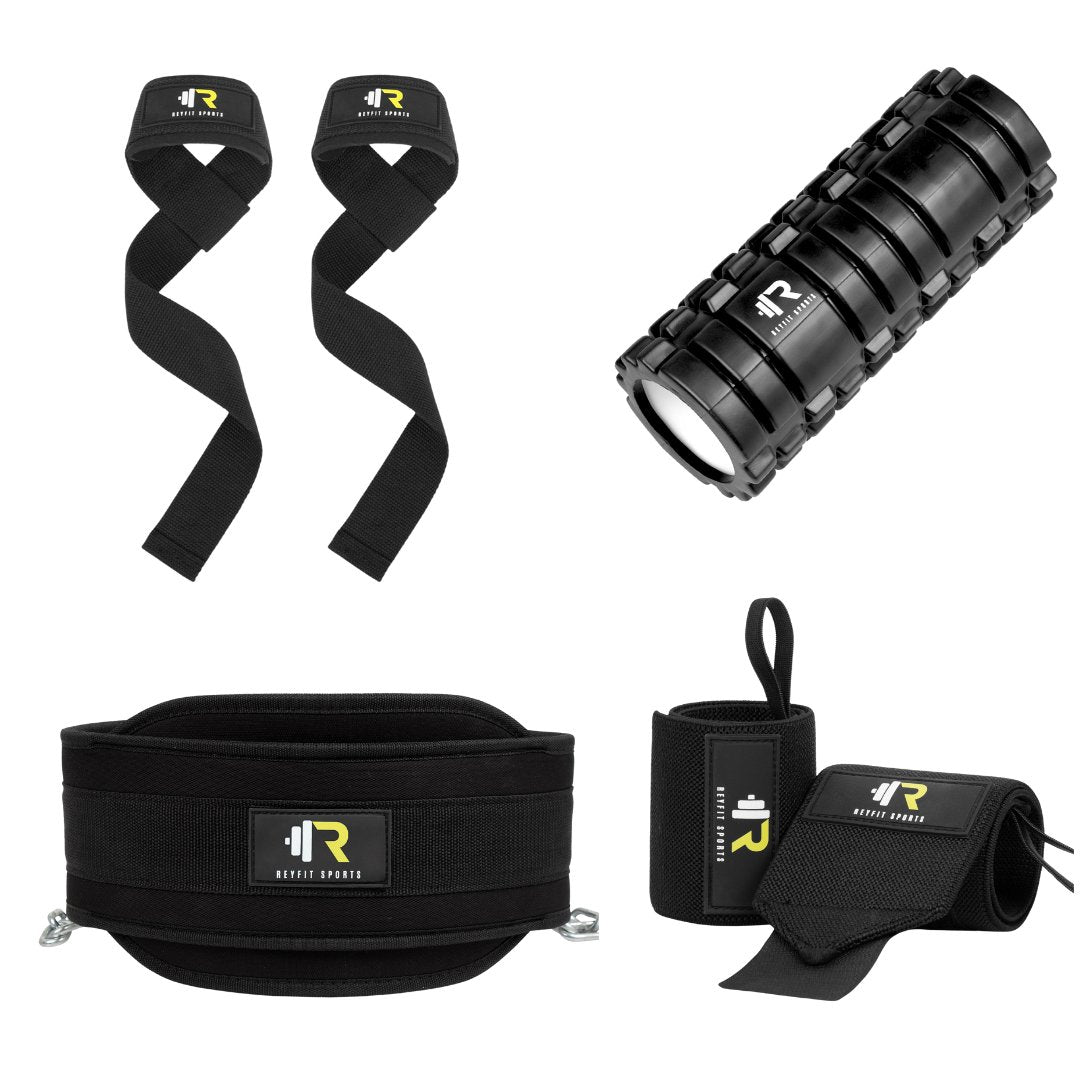 ReyFit Ultimate All In Accessoires Bundel - Lifting Straps + Wrist Wraps + Dip Belt + Foam Roller - Zwart - ReyFit Sports